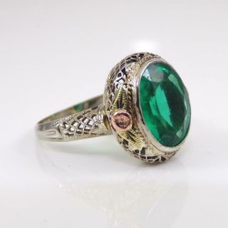 Vtg Antique Art Deco 14k White Rose Gold Ring Filigree Green Emerald Sz 6.  5 Lfj2