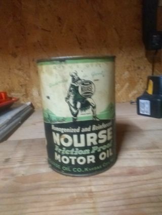 Old Nourse Metal 1 Quart Motor Oil Metal Can With Graphic Viking Full