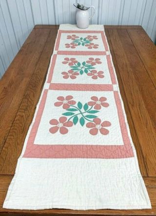 Country Pink C 30s Floral Applique Table Quilt Runner 71 X 17 1/2