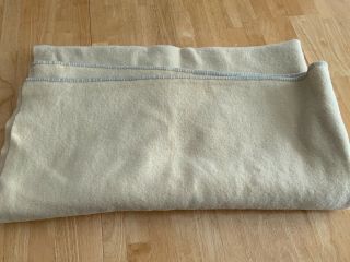 Vintage Heavy Wool Blanket Cream Color,  Light Blue Blanket Stitch Edging 62 X 64