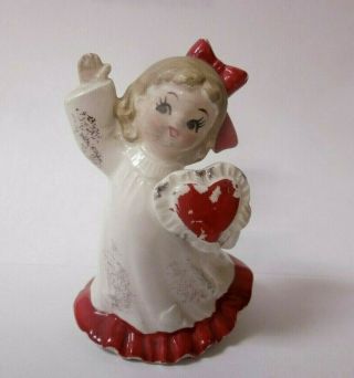 Vintage Lefton Ceramic Girl Holding A Heart/ Valentine 3 3/4 " Figurine