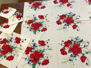 Vintage Tablecloth Wilendur Red Poppy Multi Floral Pattern 4 Matching Napkins