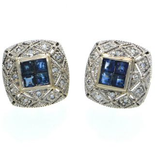 Baguette Sapphire Diamond Cluster Stud Earrings 14k White Gold Antique Art Deco
