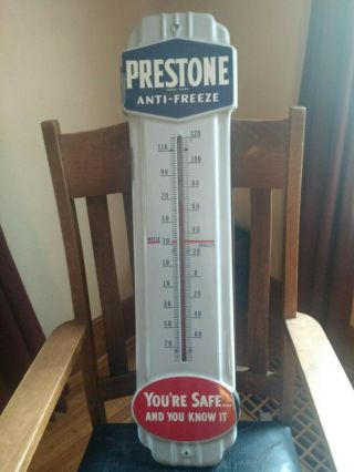 Vintage Prestone Anti - Freeze Gas Oil 36 " Porcelain Metal Thermometer Sign