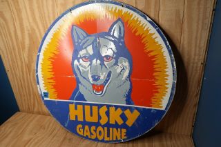 Vintage Double Sided Porcelain Husky Gasoline Advertising Sign 29 " Diameter