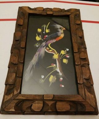 Vintage Mexican Folk Art Bird Feather Picture Carved Frame