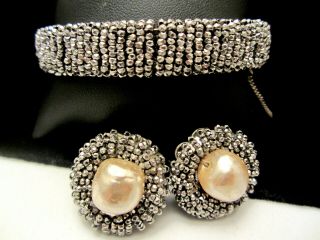 Vintage Signed Miriam Haskell Silvertone Seed Bead Bracelet & Pearl Earring Set