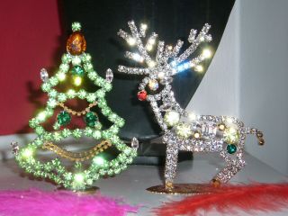2x Vintage Glass Rhinestone Stand Up Christmas Tree,  Reindeer Signed T424