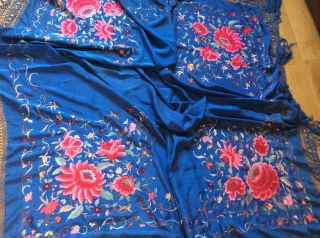 Large Antique /vintage Hand Embroidered Blue Silk Piano Shawl Fringed Tablecloth