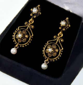 Antique Victorian 14k Gold Pearl Filigree Dangle Earrings