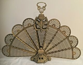 Vintage Brass Peacock Style Fireplace Screen / Fireplace Tools