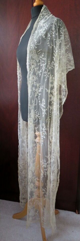 A Very Long Antique Tambour Embroidered Lace Lace Stole,  Wrap Or Shawl