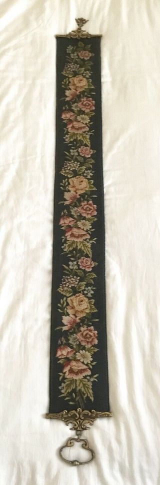 Antique Victorian Petit Point,  Tapestry Bell Pull.  Brass Ends.  Roses,  Poppies?