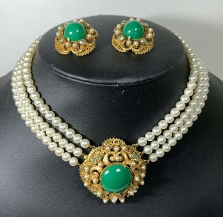 Vtg Florenza Faux Pearl Green Lucite Rhinestone Necklace And Clip On Earrings