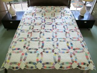 Vintage Hand Quilted Machine Pieced Rustic All Cotton Wedding Ring Quilt; 80 " Sq