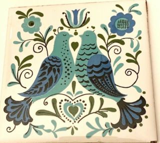 Vintage Mid Century Cathay Tile Gn - 5 Blue Love Birds And Flowers Hand Painted