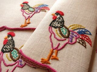 Colorful Roosters Vintage Madeira Hand Embroidered 6 Linen Cocktail Napkins