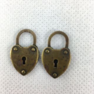 Set Two Vintage Miniature Brass Locks Heart Shape