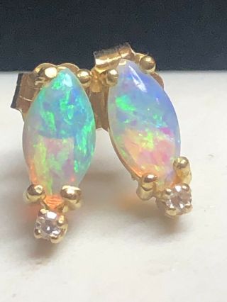 Vintage Estate 14k Gold Opal White Sapphire Accent Earrings Gemstones