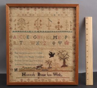 Hannah Brown Antique 19thc American Folk Art Sewing Embroidery Alphabet Sampler