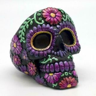Metallic Purple Floral Sugar Skull Day Of The Dead Ashtray Dia De Los Muertos