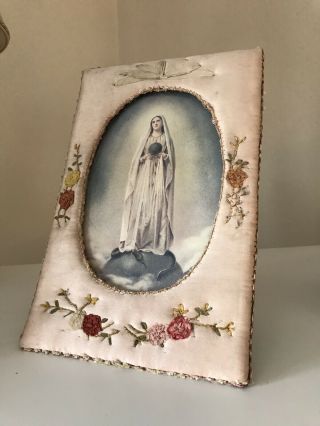 Old Vintage Handmade Photo / Picture Frame Satin With Embroidered Flowers