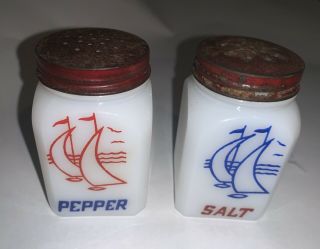 Vintage Hazel Atlas Milk Glass Salt And Pepper Shakers With Sailboats - Usa