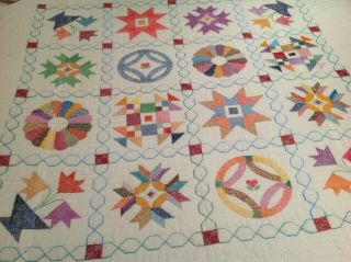 Vintage Hand Sewn Cross Stitch 86 X 86 Quilt White Multicolor Throw Bed Cover