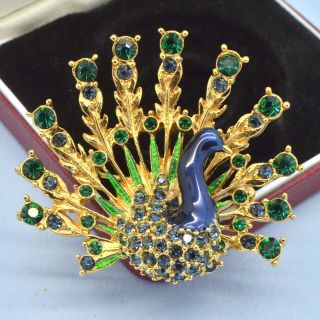 Vintage Brooch Sphinx 1960s Green & Blue Crystal Enamel Peacock Bridal Jewellery