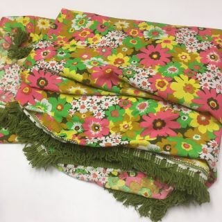 Vintage 60s 70s Bright Colorful Floral Sheet Fabric Bedskirt? Yarn Fringe Full