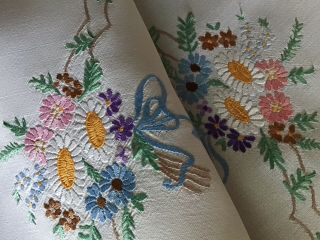Gorgeous Vintage Linen Hand Embroidered Tablecloth Floral Ribboned Posies