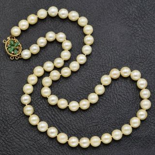Vintage 14k Yellow Gold Green Jade,  Sea Pearl & Diamond Beaded Necklace 38.  1g