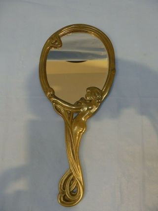 Vintage Art Nouveau Table Vanity Boudoir Handheld Mirror Lady Ornate Brass Frame