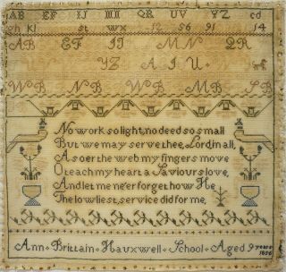 Mid 19th Century Verse,  Motif & Alphabet Sampler By Ann Brittain Aged 9 - 1856