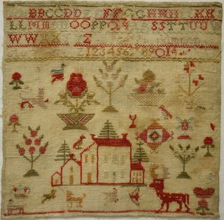 Early/mid 19th Century House,  Stag,  Motif & Alphabet Sampler - C.  1835