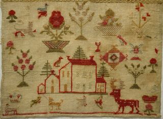 EARLY/MID 19TH CENTURY HOUSE,  STAG,  MOTIF & ALPHABET SAMPLER - c.  1835 3