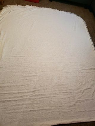 Vintage Chenille Cotton King Size Bedspread Madallion Pattern Fringe
