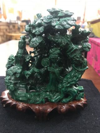 Vtg Chinese Carved Malachite Garden Statue With Wooden Stand