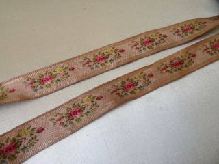 Two Pretty Antique Silk French Tiny Floral Brocade Ribbon Lengths
