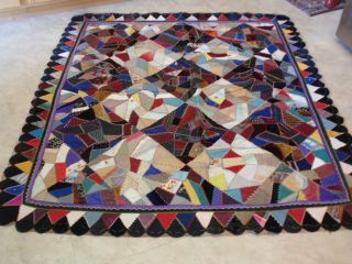 Antique Crazy Quilt Top With Hand Embroidery Scallop Edge 61 X 72 "