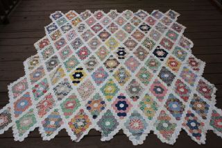 Vtg Hand Stitched Multi - Color Hexagon Fabric Quilt Top 70x79