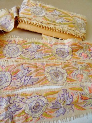 Huge Lengths Antique Hand Embroidered Floral Border Trim On Silk C.  1910/20
