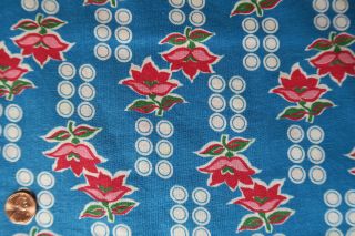 One Vintage Feedsack Bright Blue W/ Dots & Red Flowers 37x47 Smhole Cleaned