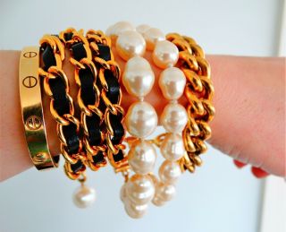 Set 3 Vtg 80s Upscale Givenchy Joan Rivers Gold Chain Glass Pearl Cuff Bracelets