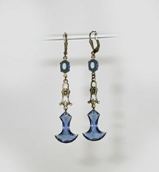 Vtg 20s Art Deco Hand Carved Montana Blue Glass Dangle Earrings