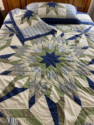 Stunning Vintage Hand Quilted Mariners Star Quilt & 2 King Shams 104 " X 90 "