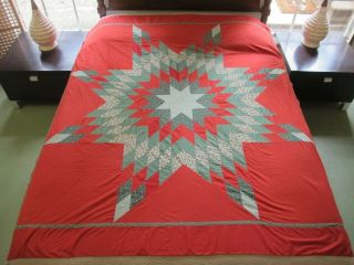 Christmas Colors: Machine Pieced Cotton Blends Lone Star Quilt Top 74 " Sq; Good