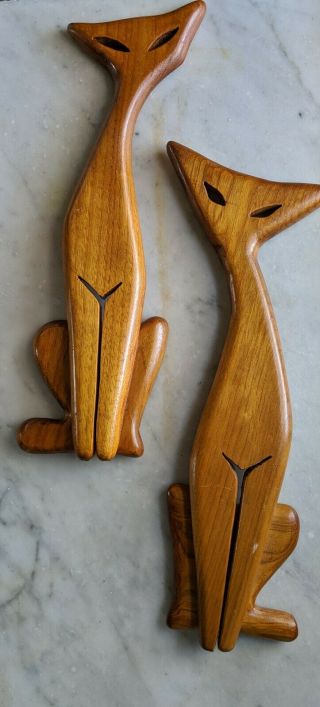 Two 3 " Vintage Mid Century Modern Kitty Cats Wood Wall Art Sculpture Abstract