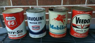 Vintage Phillips 66,  Texaco,  Mobiloil And Veedol Motor Oil Cans - Metal 1 Quart