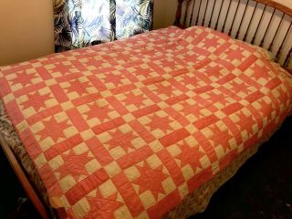 Vintage Hand Stitched Pink White Star Quilt 77” X 68” Old Farmhouse Quilt